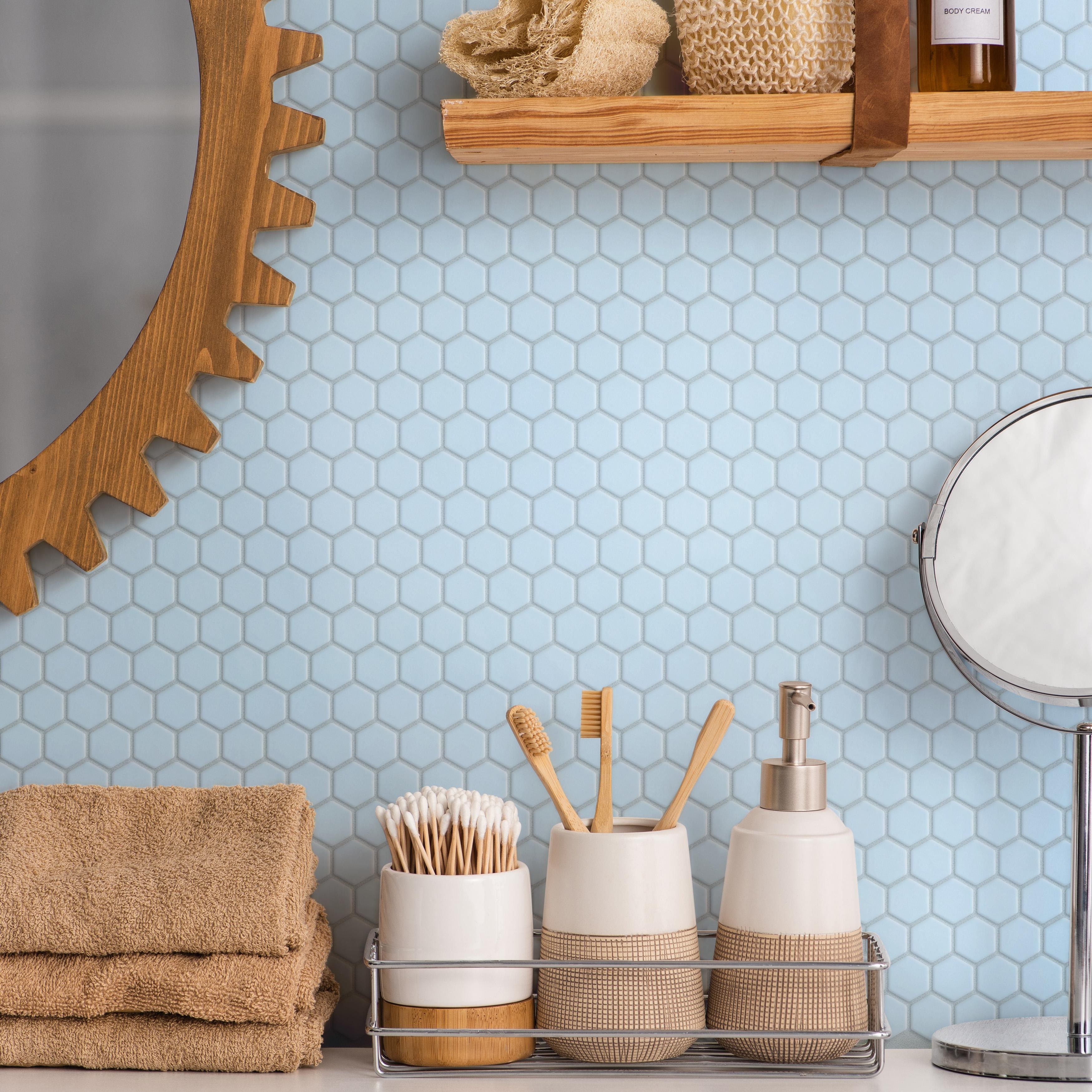 Merola Tile Metro 1" Hex Matte Light Blue 10-1/4"x11-7/8" Porcelain Mosaic Floor and Wall Tile