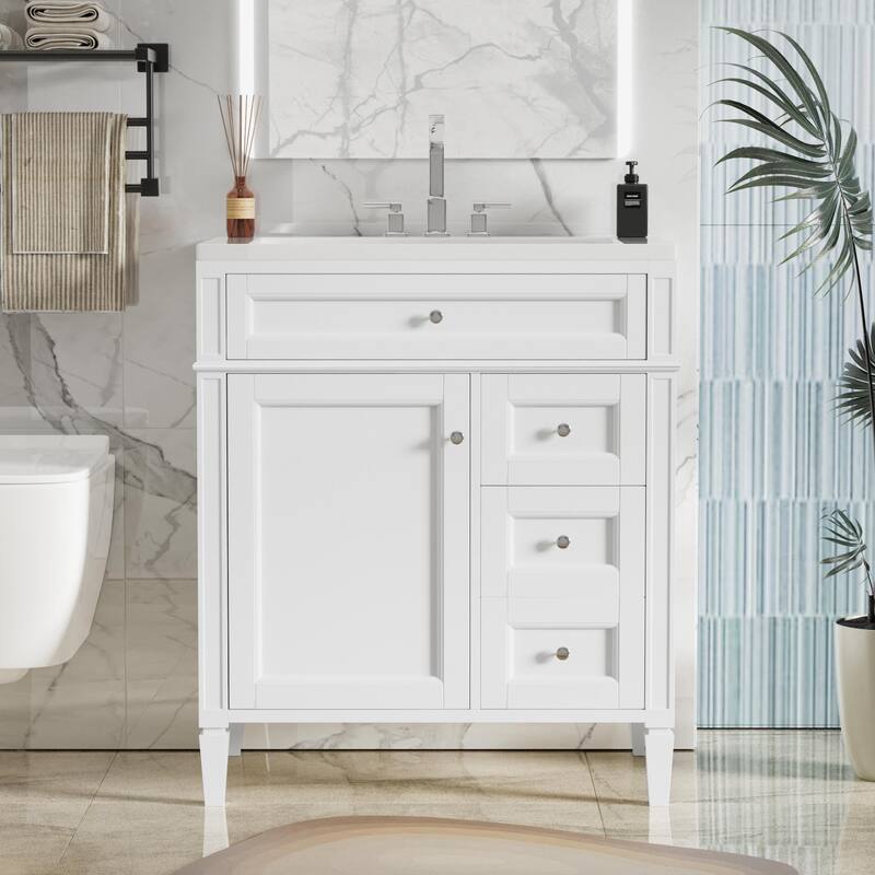 Single Sink Vanity for Bathroom Storage Cabinet with Tip-out Drawer, Small Drawer, Large Drawer, Door Rack and Adjustable Shelf - White