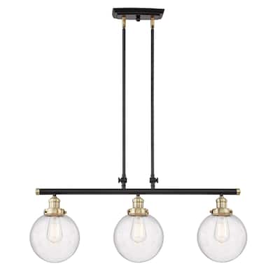 3 Light Island in Black W/Antique brass with Clear Seedy Glass - Black W/Antique brass - L:34.45*W:7.87*H:58.94