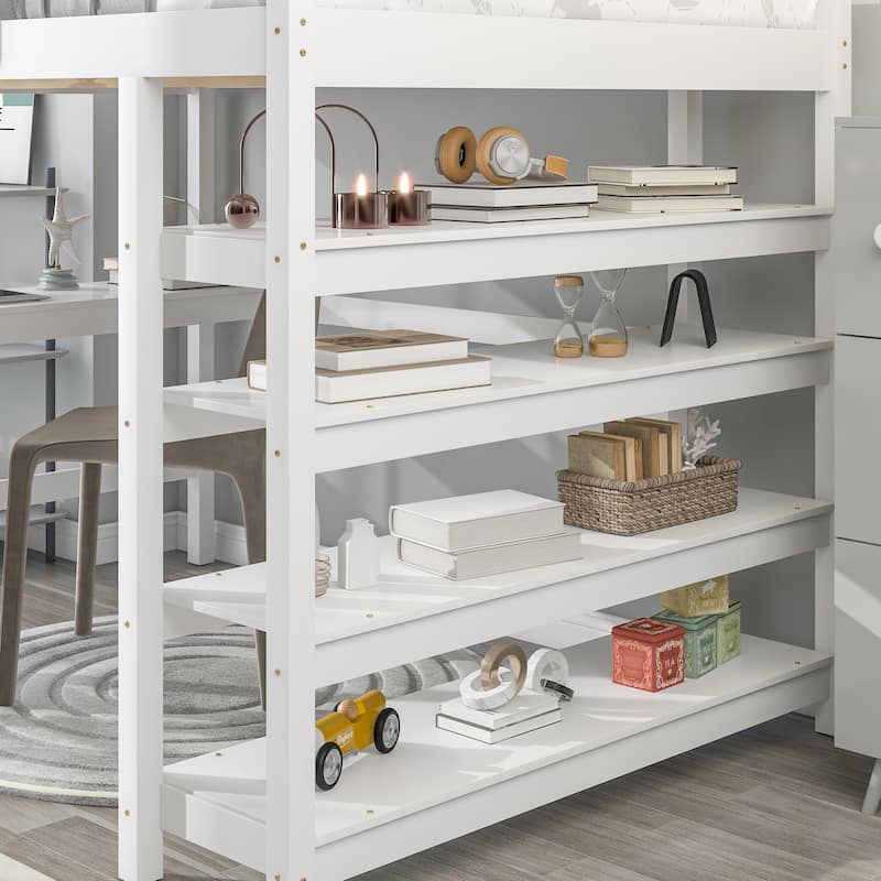 Loft Bed Full with Storage Desk Ladder and Shelves White