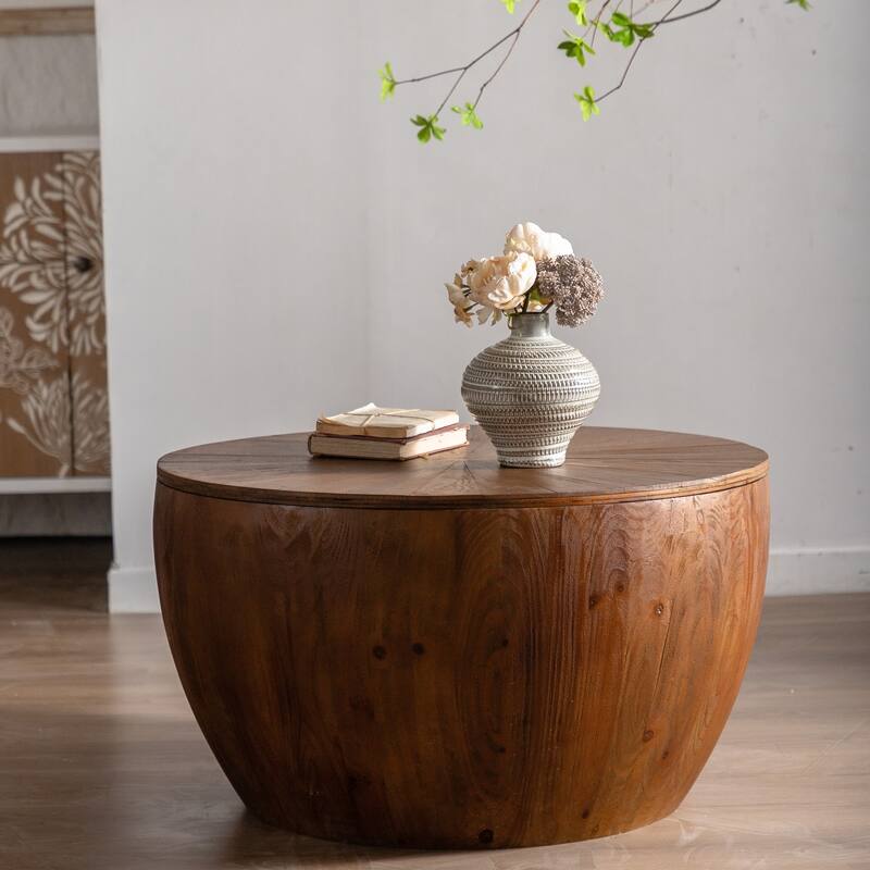 GDFStudio Cael Barrel Wood Coffee Table with Hollow Storage
