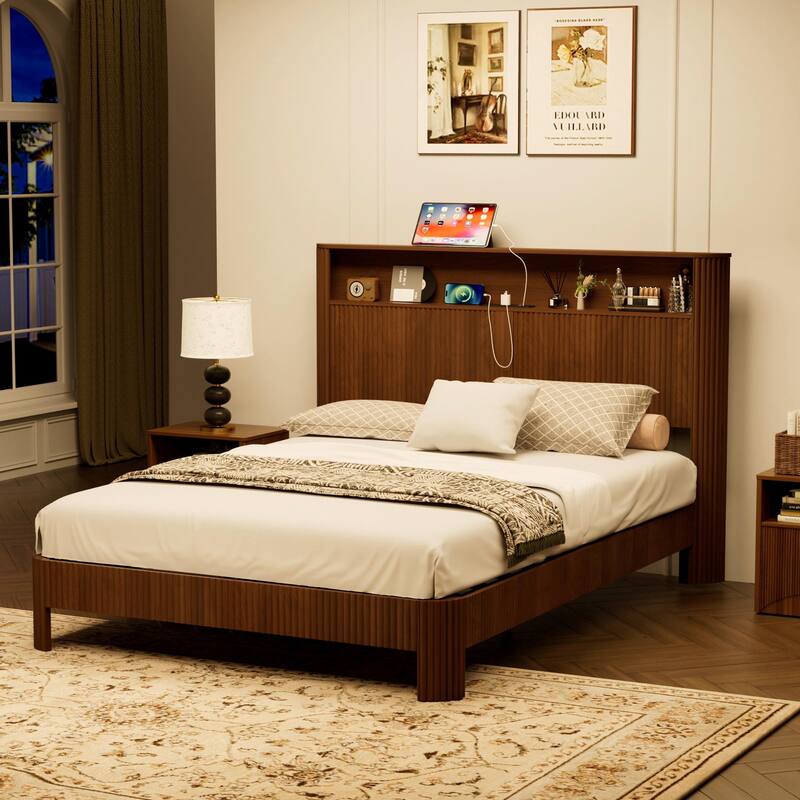 Queen Size Bed Frame with Storage Headboard, Built-in Charging Station, Wavy Design, Silent Operation, Walnut Finish