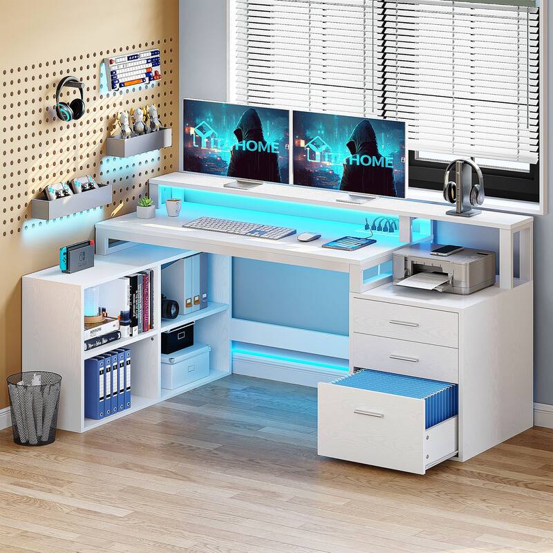 Moasis L Shaped Office Home LED Computer Gaming Desk with Drawers and Storage Shelves