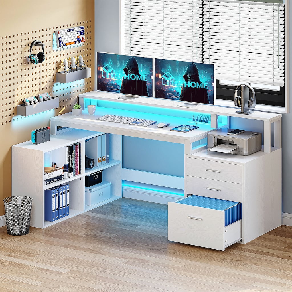 Moasis L Shaped Office Home LED Computer Gaming Desk with Drawers and Storage Shelves