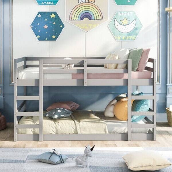 Full Size Floor Bunk Bed Wooden Platform Bed Frames Bedroom Sets Gray