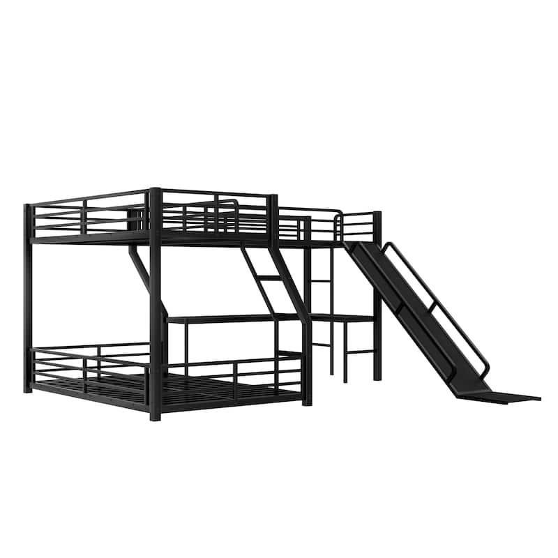 L-Shaped Twin over Full Bunk Bed with Twin Size Loft Bed, Metal Triple Bunk Bed with Slide and USB Ports, Space-saving