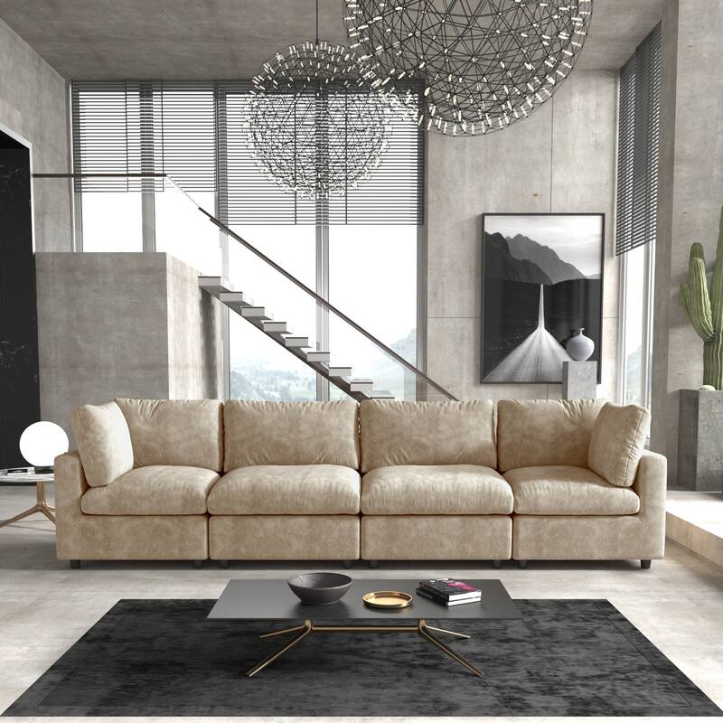 Minimalist Upholstered Cushion Sofa 4-Seater Chenille Modular Sectional Couch for Living Room - Khaki