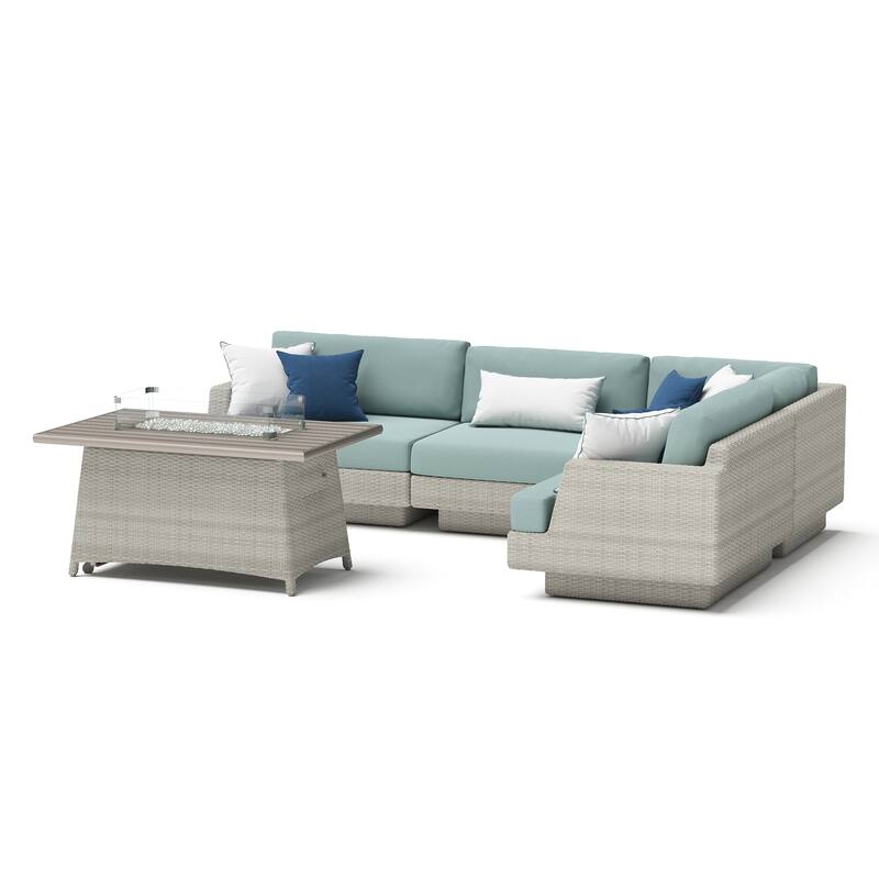 Portofino Comfort 14 Piece Sunbrella Outdoor Patio Sectional Seating & Dining Set With Fire Table