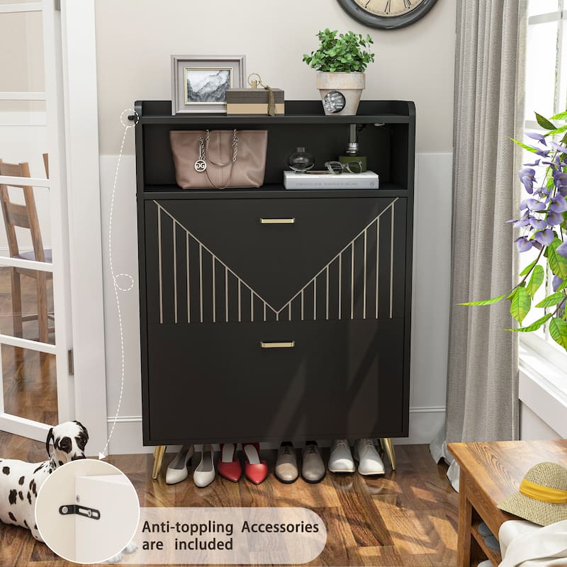 24 Pair Shoe Cabinet with Motion Sensor Light, Space-saving Slim Shoe Storage with 2 Flip Drawers Lighting for Entryway