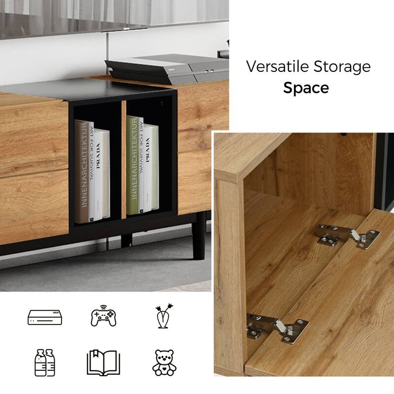 Modern TV Stand for 80'' TVs with 3 Doors, Concealed Storage and Pull-Down Cabinet Doors, for Living Rooms and Bedrooms