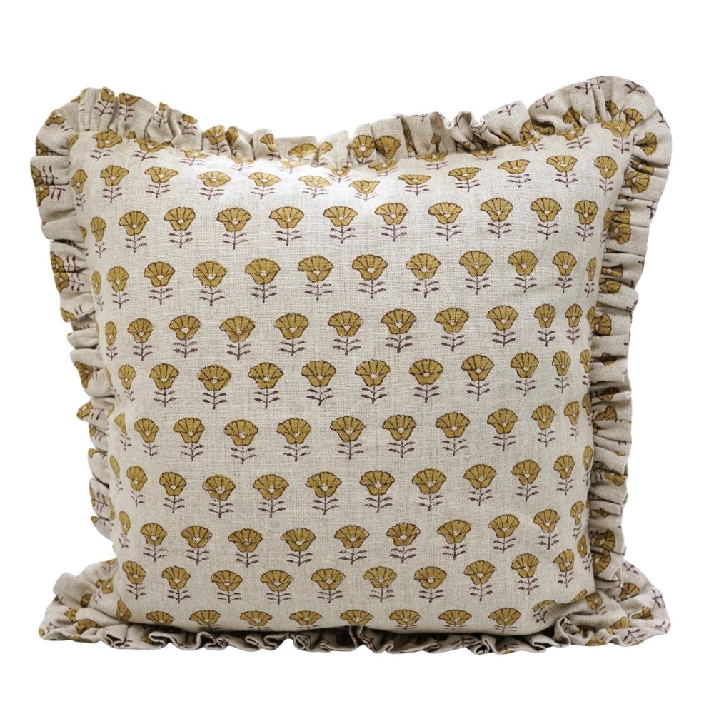 Fabdivine Heavy Linen Floral Ruffled Both Side Cushion Cover Home Décor Accent