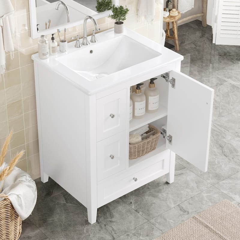 24-Inch Bathroom Vanity with Storage, Adjustable Shelf, MDF & Rubberwood, Removable Dividers