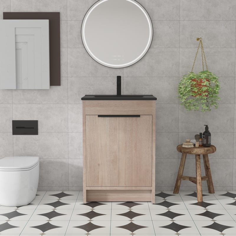 24" Bathroom Vanity with Ceramic Sink - Black/Plain Light Oak