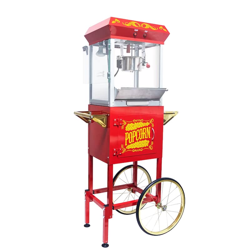 Popcorn Machine with Cart - 8oz Popper with Stainless-steel Kettle, Heated Warming Deck, and Old Maids Drawer