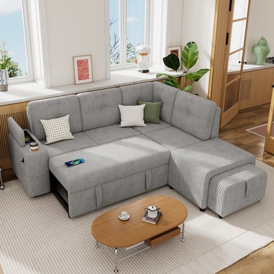 94" L-shaped Sectional Sofa Bed with Ottoman, Storage, Cup Holder & USB Ports (Light Grey Corduroy)