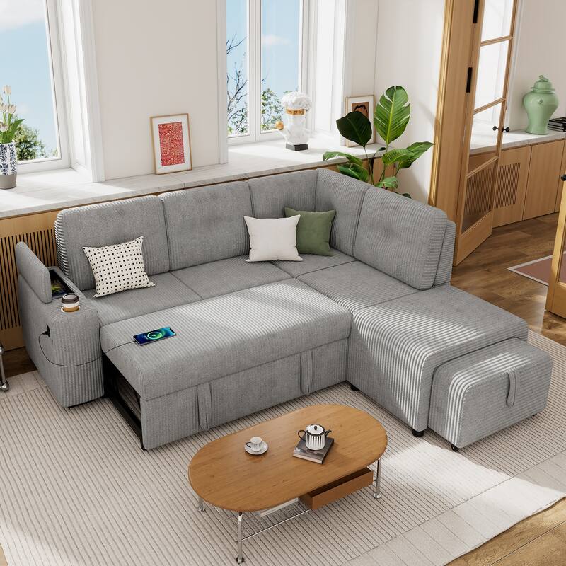 Modern Convertible Sectional Sofa Bed with USB Ports and Storage and Cup Holder for Small Space Living Room - LIGHT GREY