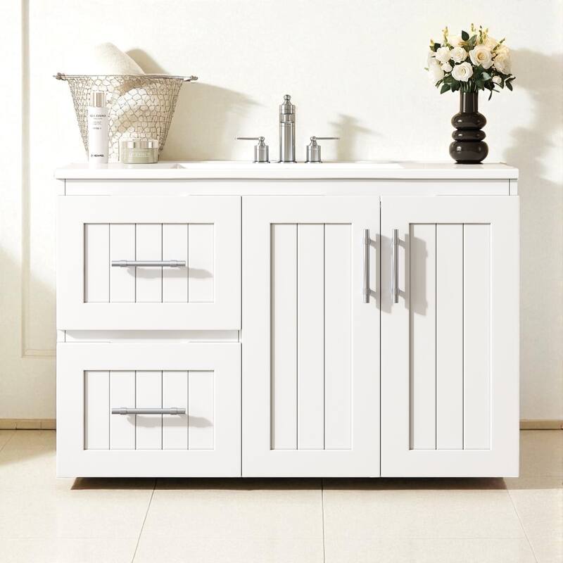 36" Wall Mounted Bathroom Vanity with Ceramic Sink, 2 Drawers, Adjustable Shelf and Floating Storage Cabinet - White