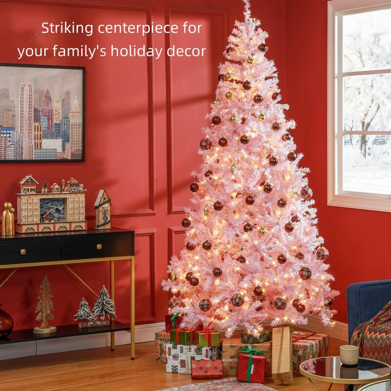 HOMCOM Pre-Lit Douglas Fir Tree - Warm White LED Lights, Realistic Branches, Pink