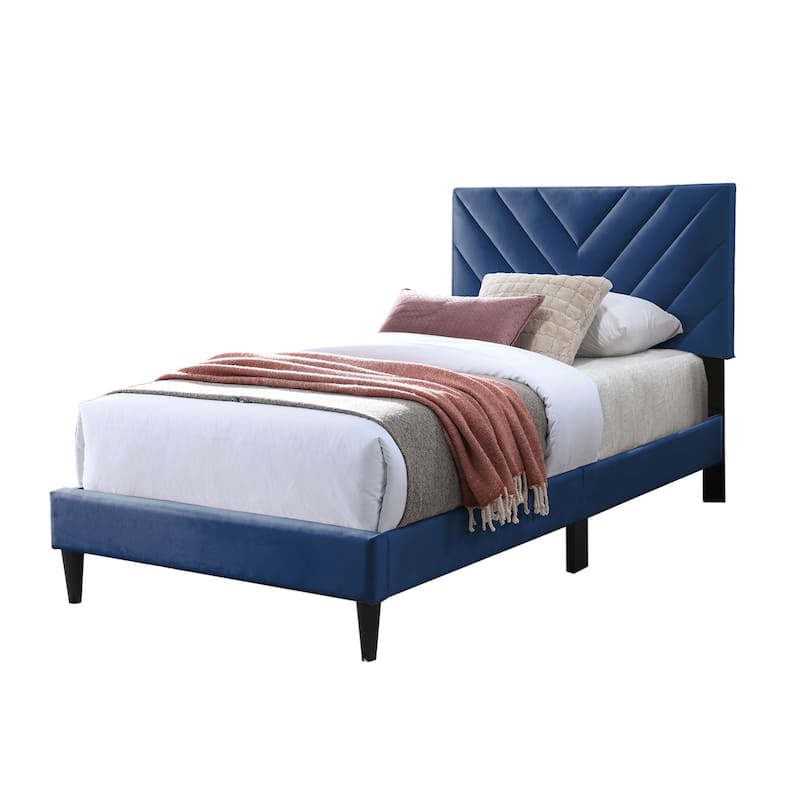 Velvet Upholstered Adjustable Headboard Twin Bed with V-stitching Design - Navy Blue