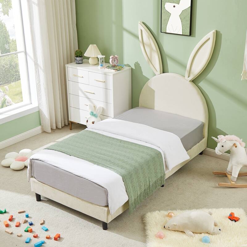 Javlergo Twin Size Kids Bed Frame with Cute Ears Velvet Headboar No Box Spring Required Bed Children's Bed