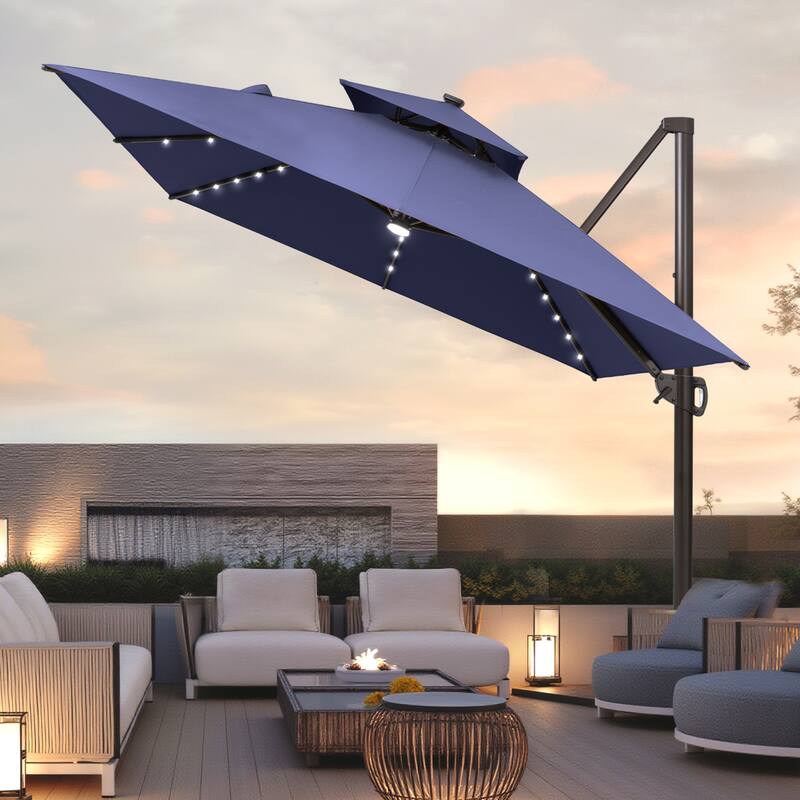 Solar LED Light 9 x 11FT Rectangular Outdoor Cantilever Patio Daul Top Umbrella without Base