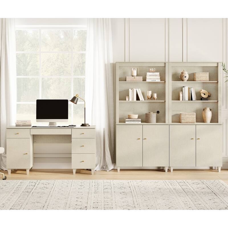 WAMPAT Home Office Furniture Set, 58" Executive Desk with Cabinet, 2-Column 71" Tall Bookcase with Doors and Adjustable Shelves