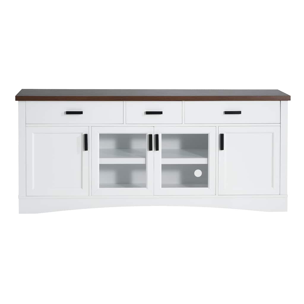 Modern TV Stand, Multi-Functional TV Stand with 3 Drawer, Glass Doors and 3 Adjustable Shelves, for Living Rooms, White