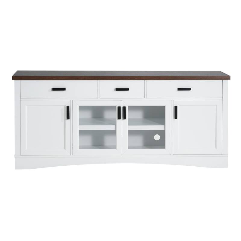 Roomfitters 67 Inch TV Stand with Glass Doors and Storage Drawers, Modern Entertainment Console with Adjustable Shelves