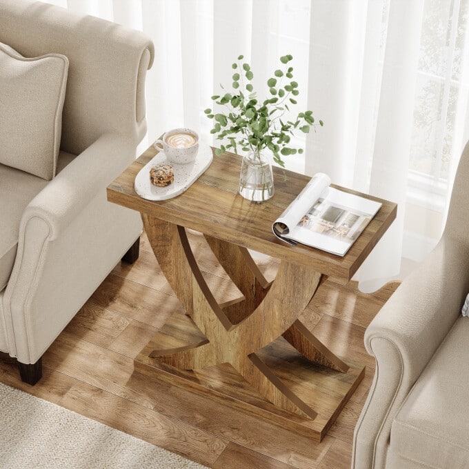 Wood End Side Table for Living Room, Night Stand for Bedroom with Cross Fishtail Support - 1 Pack - Brown