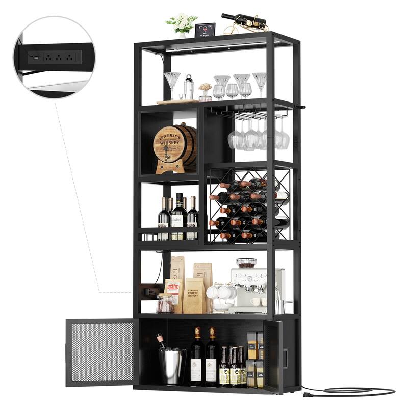 82.6" Tall Wine Cabinet with Glass Holder & Wine Rack，6-Tiers Liquor Storage Cabinet with LED Lights ＆ Charging Station