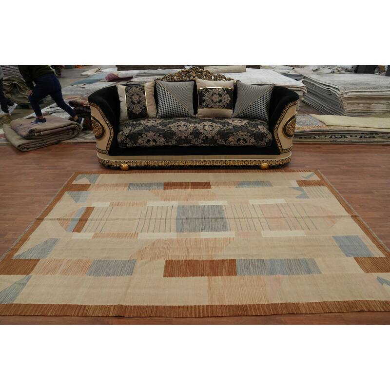 Hand Woven Oriental 100% Wool Carpet Southwestern Tribal Beige & Ivories Kilim Area Rug - 9' 7'' X 6' 7''