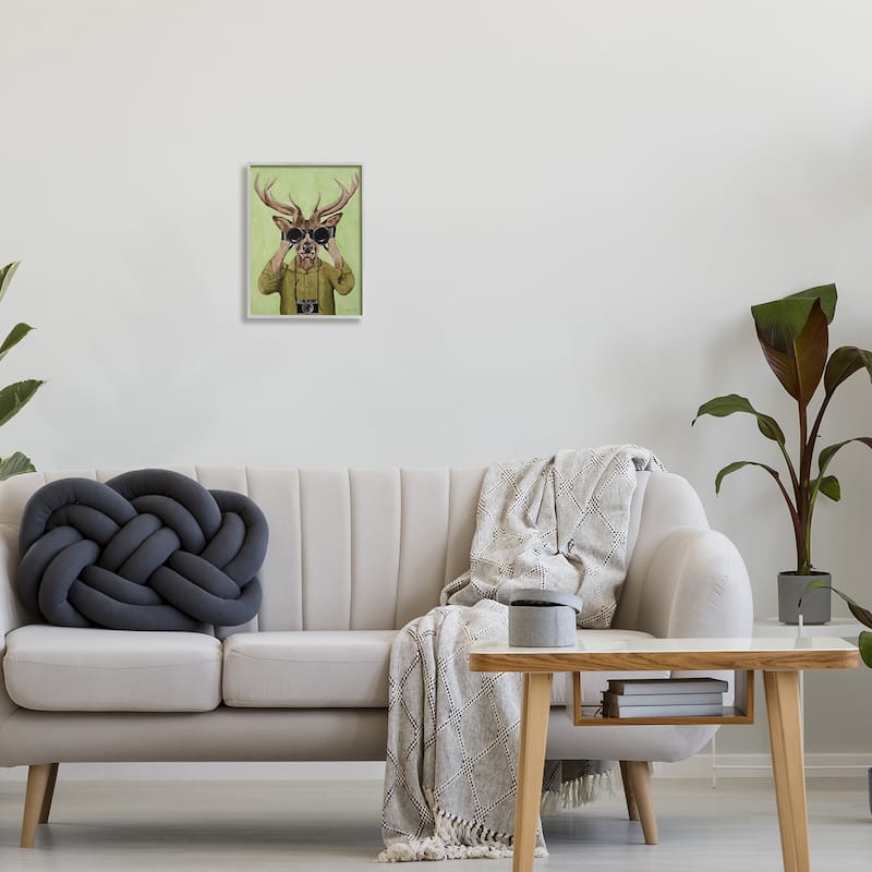 Stupell Funny Cute Deer Binoculars Camera Painting Green Background Framed Wall Art - Brown