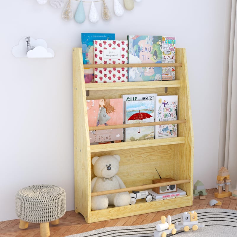 3 Tier MDF Pine Wood Kids Book Rack Shelf with Safe Tip-Over Protection Included for Playroom or Nursery