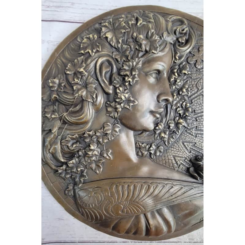 Art Nouveau Female Portrait Bronze Metal Hanging Wall Plate Plaque Signed Art By Milo