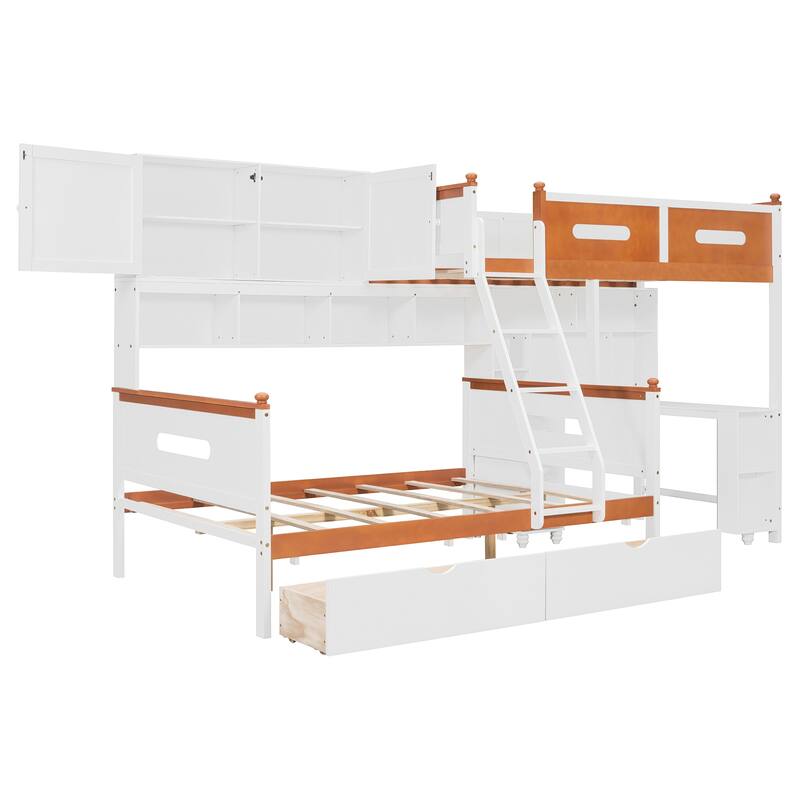 Roomfitters Twin Over Full Bunk Bed with Integrated Desk, Cabinet, & LED Lighting, Modern Storage Sleeper System, White & Orange