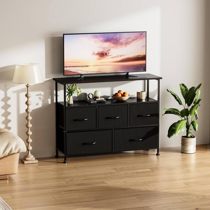 Modern 5 Fabric Drawer 11.8 in. Wide Chest of Drawers with Open Shelf & TV Stand for 45 Inch TV Living Room