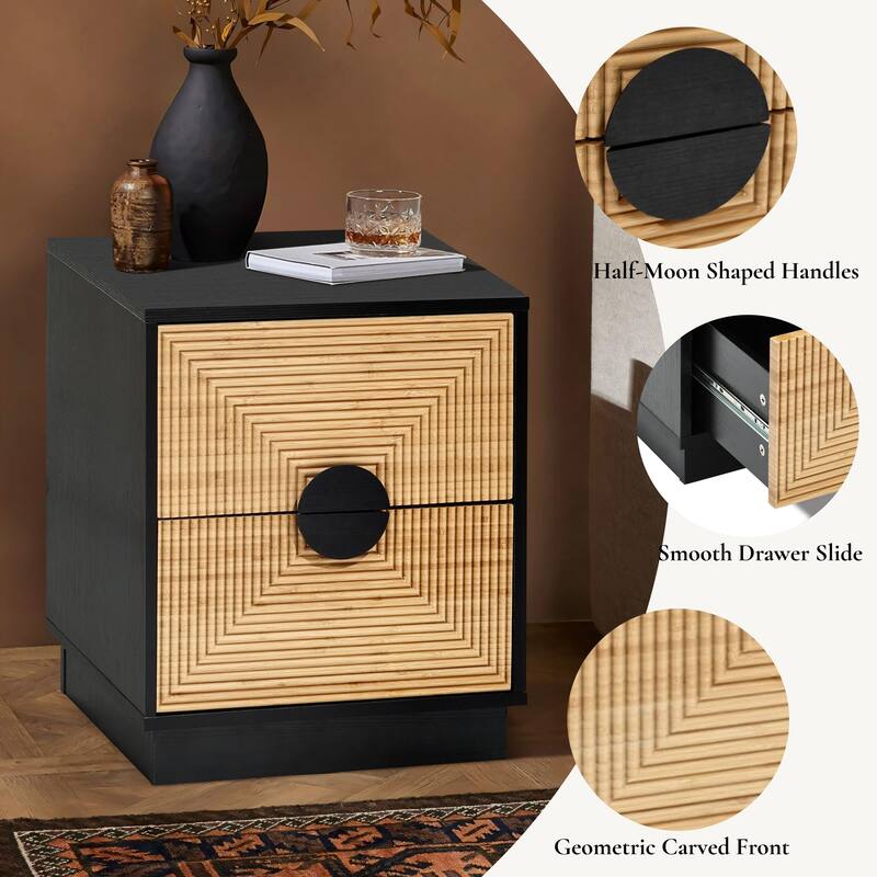 Modern Boho 2-Drawer Black Side Table with Bamboo Strips - 20.5" H x 17.7" W x 15.7" D