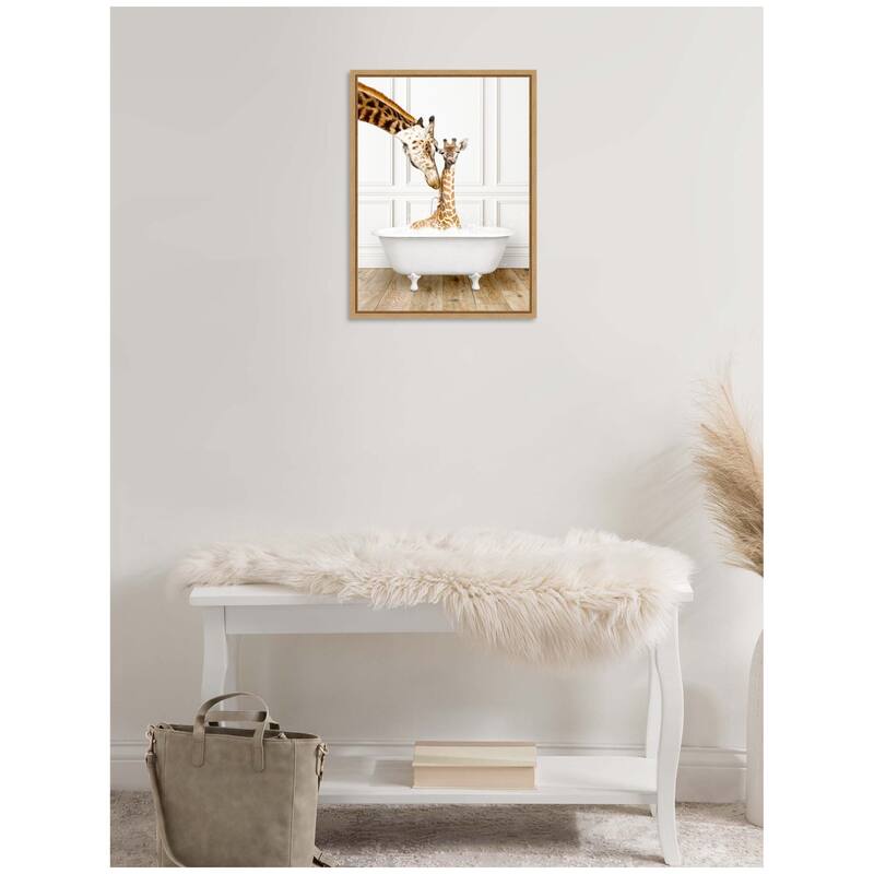 Kate and Laurel Sylvie Mother and Baby Giraffe in Traditional Vintage Bathtub Framed Canvas by Amy Peterson