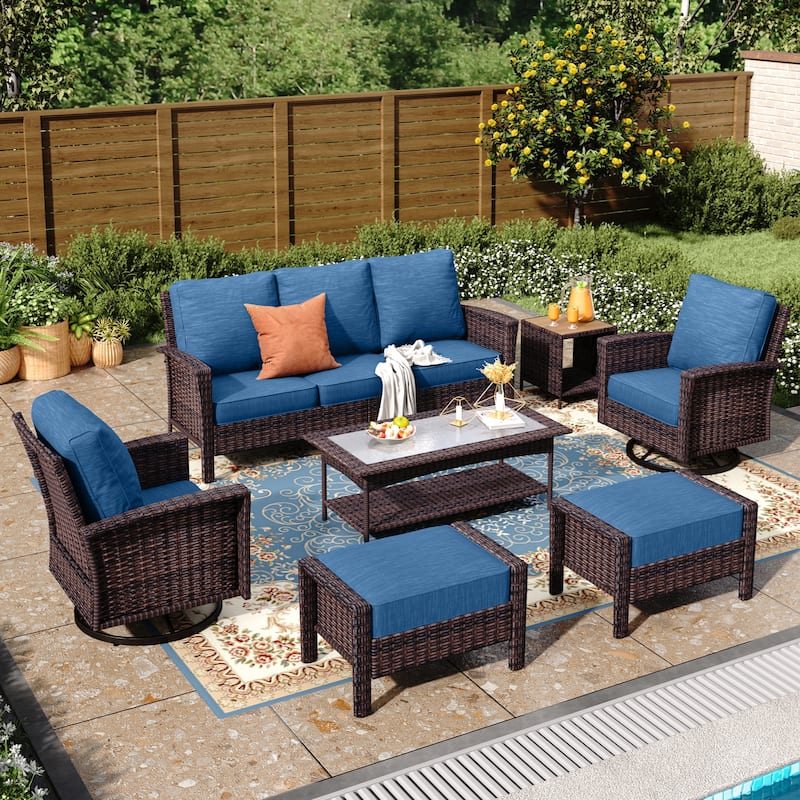 MAISON ARTS 7-Piece Extra-Large Patio Wicker Sofa Conversation Set with Table, Oversize Seat with 5.5'' Thick Padded Cushion - 5Seats +2Ottoman + 47''Table + 17''Table - Navy Blue