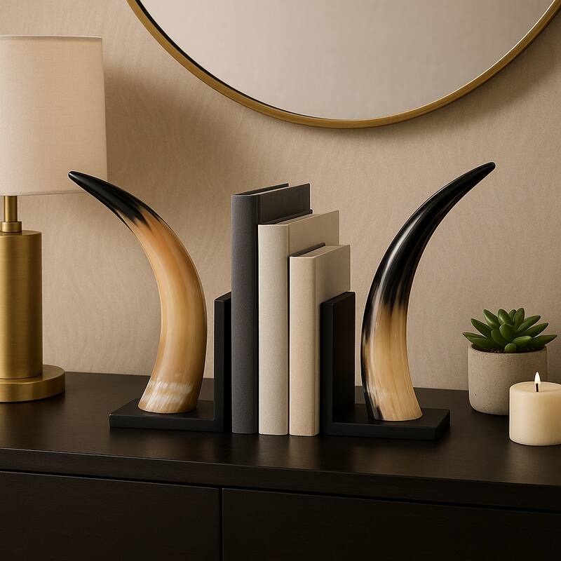 Decorative Resin Horn Bookends for Home Decor - Set of 2, 14", Black - 14.0"