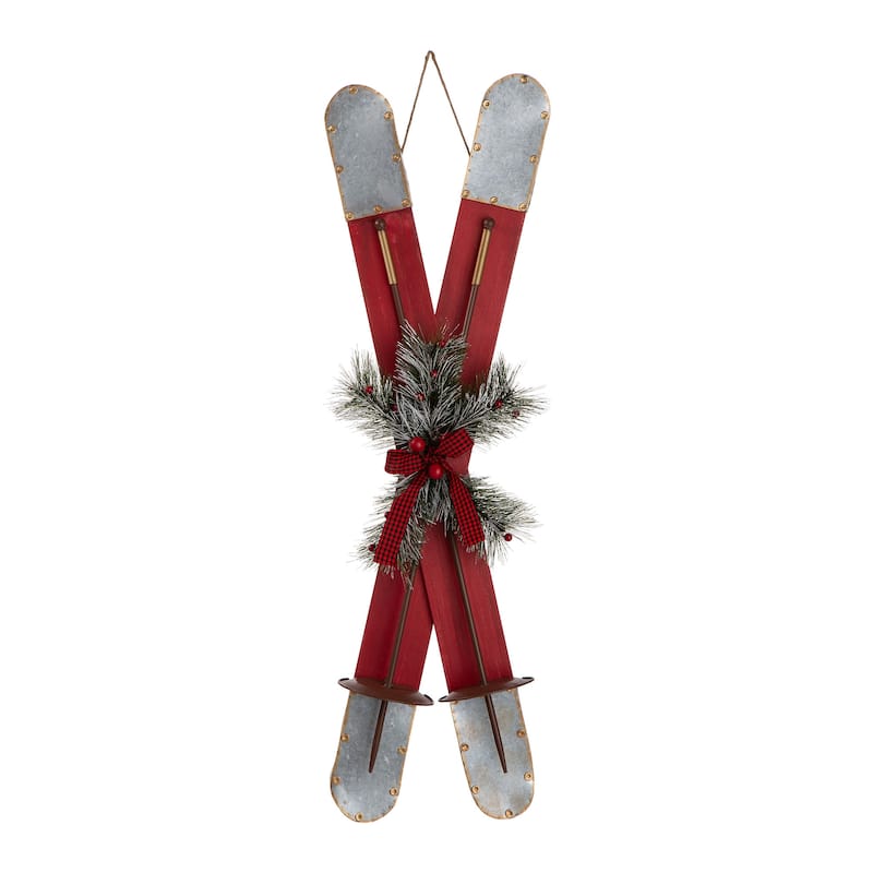 Glitzhome 35"H Christmas Wooden/Galvanized Ski Porch Decor - Red