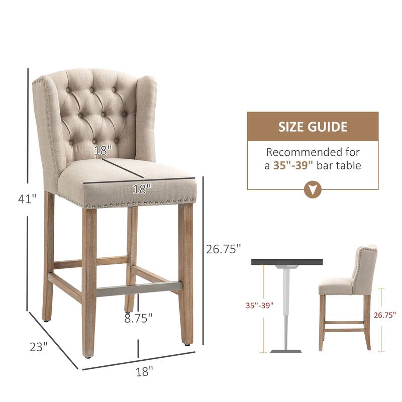 Set of 2 Beige Linen Counter Bar Stools with Foam Cushion and Rubber Wood Legs Footrest - 19.25"W x 23"D x 41"H