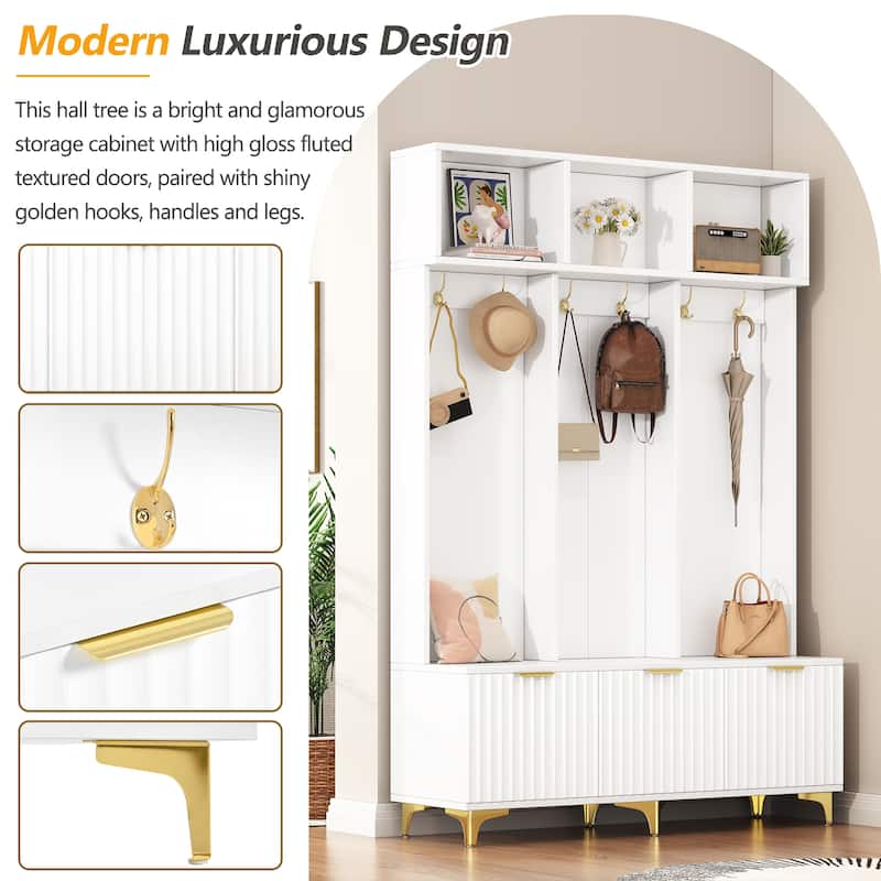 3-in-1 Hall Tree with Storage Bench & Shoe Storage, Glossy Fluted Cabinet Coat Rack with Gold Handles and Legs