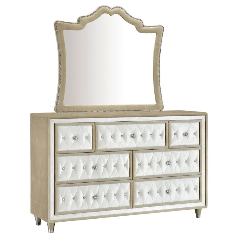 7-Drawer Upholstered Ivory Dresser and Mirror with Smooth Glide Drawers, Elegant Detailing, and Ample Storage