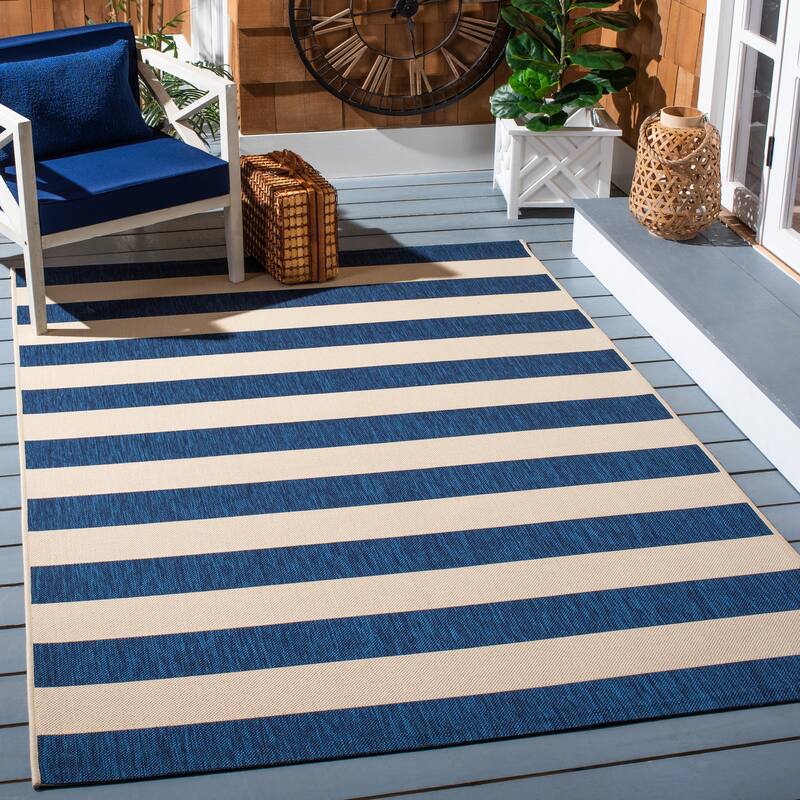 SAFAVIEH Courtyard Maysa Indoor/ Outdoor Waterproof Backyard Patio Rug - 9' x 12' - Beige/Navy