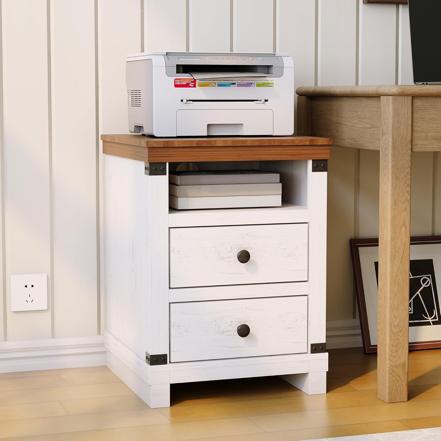 Farmhouse White Nightstand with Charging Station Set