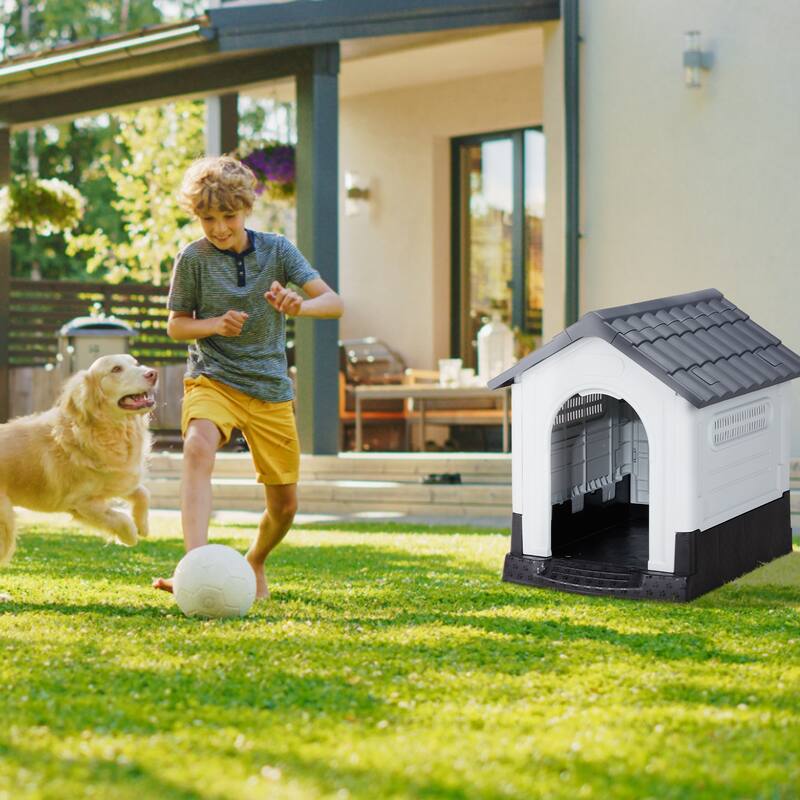 Plastic Dog House with Air Vents, Elevated Floor, Insulated Outdoor Indoor Kennel for Small Dogs