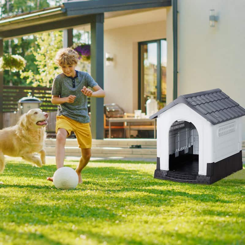 Plastic Dog House with Air Vents, Elevated Floor, Insulated Outdoor Indoor Kennel for Small Dogs
