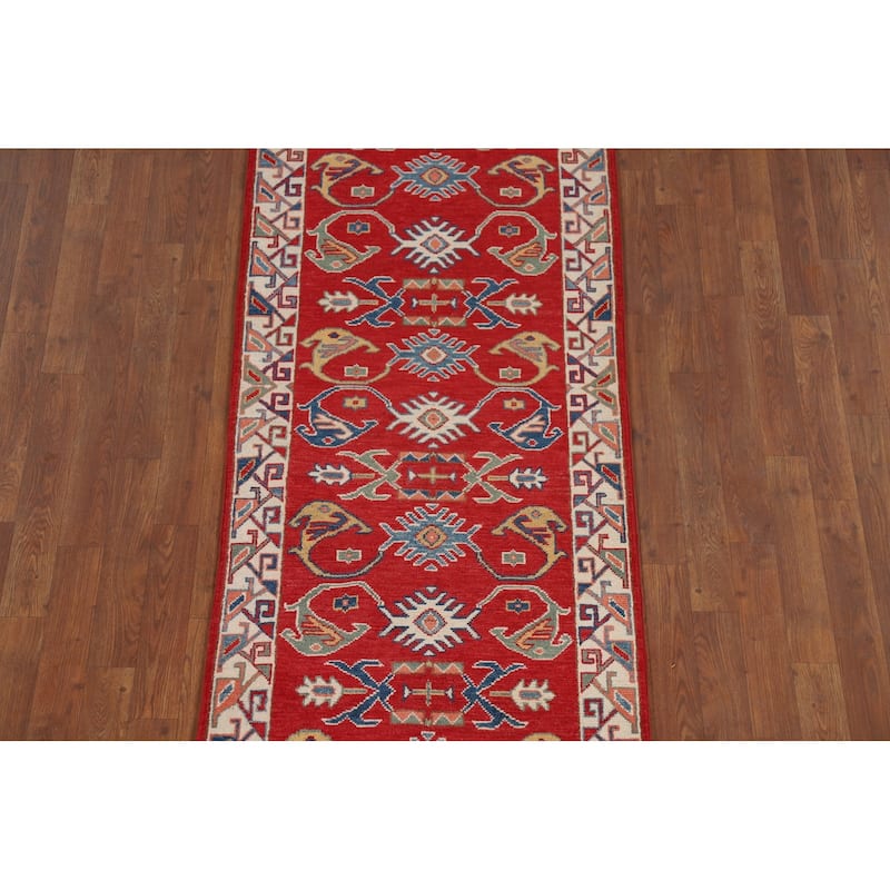 Red Geometric Kazak Oriental Runner Rug Handmade Wool Carpet - 2'7" x 9'8"