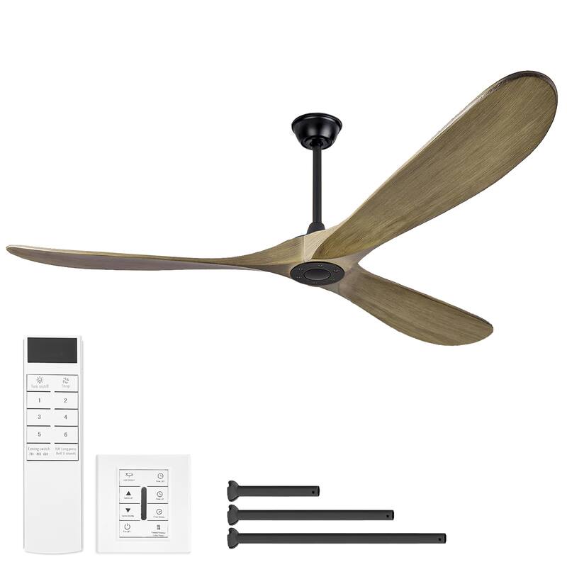 72"Large Size Solid Wood Ceiling Fan without Lights with Remote Control and Wall Switch, for Patio,Indoor,Living Room,Bedroom - Ash Brown